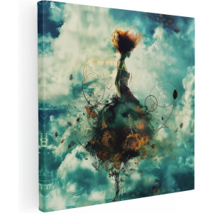 Artaza Canvas Schilderij Meisje in een Jurk die door de Wolken Vliegt - 80x80 - Groot - Foto Op Canvas - Canvas Print
