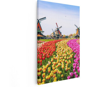 Artaza Canvas Schilderij Kleurrijke Tulpen Bloemenveld - Windmolen - 20x30 - Klein - Foto Op Canvas - Canvas Print