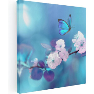 Artaza Canvas Schilderij Blauwe Vlinder Bij Een Roze Bloem  - 90x90 - Groot - Foto Op Canvas - Canvas Print