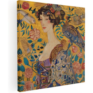 Artaza Canvas Schilderij Kunstwerk van een Vrouw met Vogels en Pauwen - 90x90 - Groot - Foto Op Canvas - Canvas Print