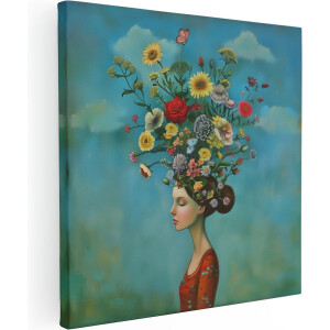 Artaza Canvas Schilderij Vrouw met Bloemen op haar Hoofd - 90x90 - Groot - Foto Op Canvas - Canvas Print