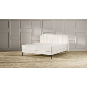 Emma Signature Boxspring Bed 180x210 - Beige - Strepen Hoofdbord - Zwart metaal Pootjes