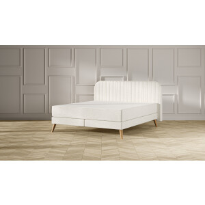 Emma Signature Boxspring Bed 140x200 - Beige - Strepen Hoofdbord - Beukenhout Pootjes
