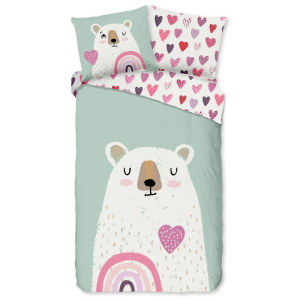 Dekbedovertrek Katoen-Flanel - Ted - Eenpersoons (140x200 Cm) - Meerkleurig & Wit & Groen Flanel Katoen - Dieren & Stippen & Natuur - Good Morning - Dekbed-Discounter.nl