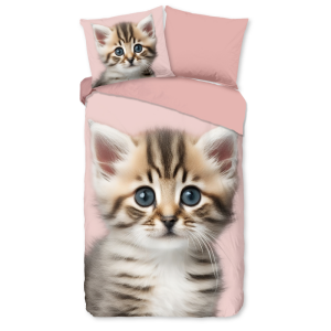 Dekbedovertrek Katoen-Flanel - Meow - Eenpersoons (140x200 Cm) - Meerkleurig & Roze Flanel Katoen - Dieren & Natuur - Good Morning - Dekbed-Discounter.nl