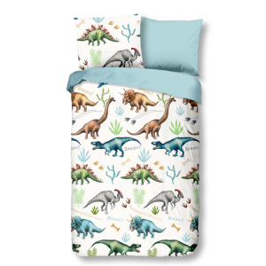 Dekbedovertrek Katoen-Flanel - Dino - Eenpersoons (140x200 Cm) - Meerkleurig & Wit Flanel Katoen - Natuur & Dieren - Good Morning - Dekbed-Discounter.nl