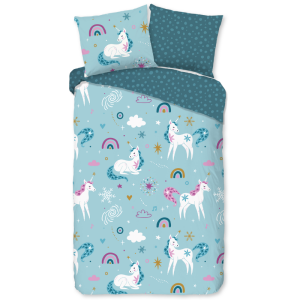 Dekbedovertrek Katoen-Flanel - Snowycorn - Eenpersoons (140x200 Cm) - Meerkleurig & Blauw Flanel Katoen - Dieren & Stippen & Natuur - Good Morning - Dekbed-Discounter.nl