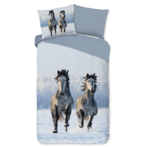 Dekbedovertrek Katoen-Flanel - Snowhorses - Eenpersoons (140x200 Cm) - Meerkleurig & Wit & Blauw Flanel Katoen - Dieren & Natuur - Good Morning - Dekbed-Discounter.nl