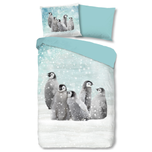 Dekbedovertrek Katoen-Flanel - Pengu - Eenpersoons (140x200 Cm) - Meerkleurig & Wit & Blauw Flanel Katoen - Dieren & Stippen & Natuur - Good Morning - Dekbed-Discounter.nl
