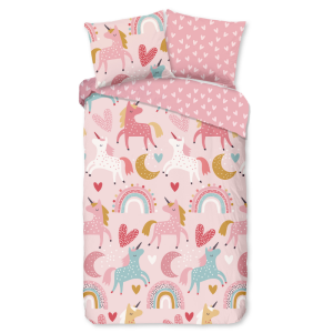 Dekbedovertrek Katoen-Flanel - Unicorn - Eenpersoons (140x200 Cm) - Meerkleurig & Roze Flanel Katoen - Dieren & Stippen & Natuur - Good Morning - Dekbed-Discounter.nl