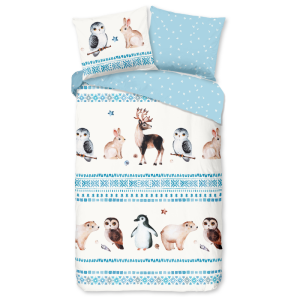 Dekbedovertrek Katoen-Flanel - Freezing - Eenpersoons (140x200 Cm) - Meerkleurig & Wit & Blauw Flanel Katoen - Dieren & Stippen & Natuur & Strepen - - Dekbed-Discounter.nl