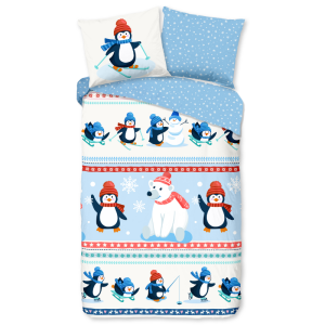 Dekbedovertrek Katoen-Flanel - Penguins - Eenpersoons (140x200 Cm) - Meerkleurig & Wit & Blauw Flanel Katoen - Dieren & Stippen & Natuur & Strepen - - Dekbed-Discounter.nl