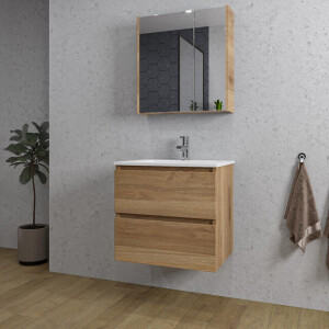 Adema Chaci Badkamermeubelset - 60x46x57cm - 1 keramische wasbak wit - 1 kraangat - 2 lades - Spiegelkast - eiken SW1212815/SW1212759/SW812072/SW804530