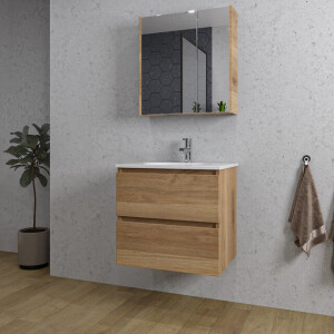 Adema Chaci Badkamermeubelset - 60x46x57cm - 1 ovale keramische wasbak wit - 1 kraangat - 2 lades - Spiegelkast - eiken SW1212759/SW1212815/SW812072/SW718716