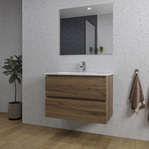 Adema Chaci Badkamermeubelset - 80x45x57cm - 1 ovale keramische wasbak wit - 1 kraangat - 2 lades - rechthoekige spiegel - noten (hout) SW1212764/SW718717/SW724611