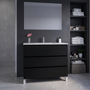 Adema Chaci PLUS Badkamermeubelset - 100x86x46cm - 1 rechthoekige keramische wasbak wit - 1 kraangat - 3 lades - rechthoekige spiegel - mat zwart SW1212802/SW804532/SW724612