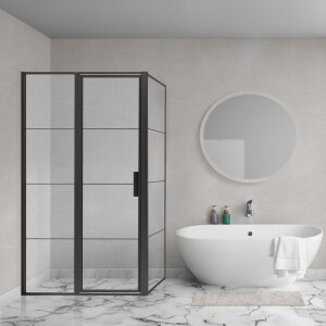 Aqua Vista Triple Draaideur met vast deel - 140x200 cm - 8mm - helder glas - onderdeel hoekcabine - mat zwart R-BE-C140-FFF