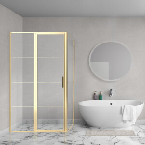 Aqua Vista Triple Draaideur met vast deel - 90x200 cm - 8mm - helder glas - onderdeel hoekcabine - geborsteld messing (goud) R-BYT-C90-FFF