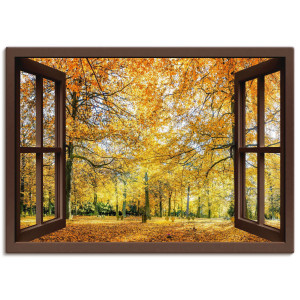 Artland Artprint Blik uit het venster - herfstbos panorama als artprint op linnen, poster, muursticker in verschillende maten