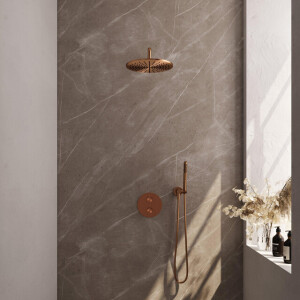 BRAUER Copper Edition thermostatische Inbouw Regendouche - 3-weg - rond - set 76 - 30cm hoofddouche - gebogen muurarm - staaf handdouche - doucheslang - wandaansluitbocht - koper geborsteld PVD 5-GK-270