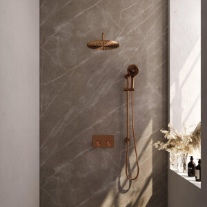 BRAUER Copper Edition Thermostatische Regendouche inbouw - drukknoppen - SET 70 - 30cm hoofddouche - gebogen muurarm - 3 standen handdouche - doucheslang - geïntegreerde glijstang - koper geborsteld PVD 5-GK-181