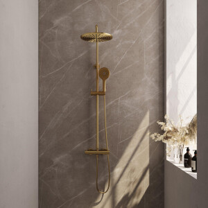 Brauer Gold Edition Regendoucheset opbouw - hoofddouche 30cm - glijstang - handdouche rond 3 standen - gladde knoppen - PVD - geborsteld goud 5-GG-242
