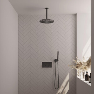 BRAUER gunmetal Edition Thermostatische Regendouche inbouw - drukknoppen - SET 54 - 30cm hoofddouche - plafondarm - staaf handdouche - doucheslang - wandaansluitbocht - gunmetal geborsteld PVD 5-GM-165