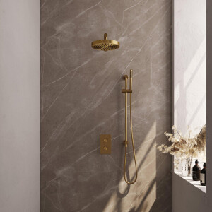 BRAUER Stripe Thermostatische Inbouw Regendouche - 3-weg - rechthoekig - 25cm douchekop - rechte muurarm - staaf handdouche - doucheslang - geïntegreerde glijstang - goud geborsteld PVD 5-GG-401