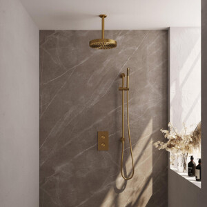 BRAUER Stripe Thermostatische Inbouw Regendouche - 3-weg - rechthoekig - SET 21 - 25cm douchekop - plafondarm - staaf handdouche - doucheslang - geïntegreerde glijstang - goud geborsteld PVD 5-GG-405