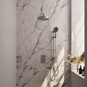 BRAUER Stripe Thermostatische Inbouw Regendouche - 3-weg - rechthoekig - SET 22 - 25cm douchekop - rechte muurarm - 3-standen handdouche - doucheslang - geïntegreerde glijstang - RVS-kleurig geborsteld PVD 5-NG-407