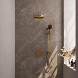BRAUER Stripe Thermostatische Inbouw Regendouche - 3-weg - rond - 25cm douchekop - gebogen muurarm - 3-standen handdouche - doucheslang - geïntegreerde glijstang - goud geborsteld PVD 5-GG-457