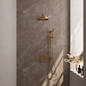 BRAUER Stripe Thermostatische Inbouw Regendouche - 3-weg - rond - SET 43 - 25cm douchekop - rechte muurarm - staaf handdouche - doucheslang - geïntegreerde glijstang - goud geborsteld PVD 5-GG-449