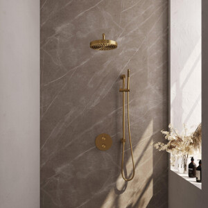 BRAUER Stripe Thermostatische Inbouw Regendouche - 3-weg - rond - SET 44 - 25cm douchekop - gebogen muurarm - staaf handdouche - doucheslang - geïntegreerde glijstang - goud geborsteld PVD 5-GG-451
