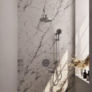 BRAUER Stripe Thermostatische Inbouw Regendouche - 3-weg - rond - SET 46 - 25cm douchekop - rechte muurarm - 3-standen handdouche - doucheslang - geïntegreerde glijstang - RVS-kleurig geborsteld PVD 5-NG-455