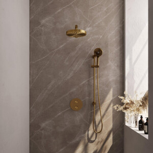 BRAUER Stripe Thermostatische Inbouw Regendouche - 3-weg - rond - SET 46 - 25cm douchekop - rechte muurarm - 3-standen handdouche - doucheslang - geïntegreerde glijstang - goud geborsteld PVD 5-GG-455