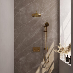 BRAUER Stripe Thermostatische Inbouw Regendouche - drukknoppen - 25cm douchekop - gebogen muurarm - 3-standen handdouche - doucheslang - geïntegreerde glijstang - goud geborsteld PVD 5-GG-433