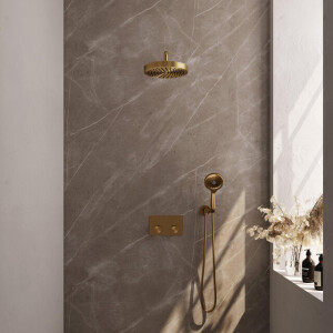 BRAUER Stripe Thermostatische Inbouw Regendouche - drukknoppen - SET 29 - 25cm douchekop - gebogen muurarm - 3-standen handdouche - doucheslang - wandaansluitbocht - goud geborsteld PVD 5-GG-421