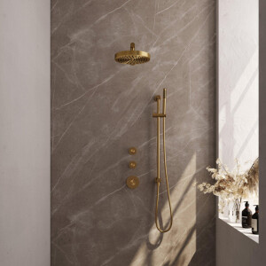 BRAUER Stripe Thermostatische Inbouw Regendouche - SET 07 - 25cm douchekop - rechte muurarm - staaf handdouche - doucheslang - geïntegreerde glijstang - goud geborsteld PVD 5-GG-377