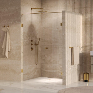 BRAUER Void Carving Nisdeur - 2-delig - 140x200cm - 70cm draaideur aan muur - glascoating - omkeerbaar - helder glas - geborsteld goud PVD GS-VOCN2H7070200GG