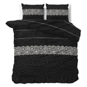 Dekbedovertrek Dervio - Antraciet - Lits-Jumeaux (240x220 Cm) - Antraciet Polyester-katoen - Strepen & Bloemen - Sleeptime Elegance - Dekbed-Discounter.nl