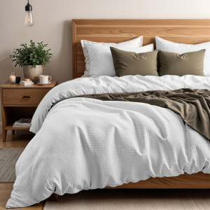 Dekbedovertrek Percale-Katoen - Waffle - Wit - Eenpersoons (140x200 Cm) - Wit Percale Katoen - Wafel & Luxe - Primaviera Deluxe - Dekbed-Discounter.nl