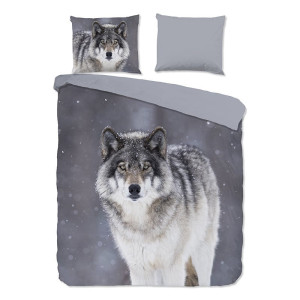 Flanellen Dekbedovertrek Wolfie - Lits-Jumeaux (240x220 cm) - Wit & Grijs & Antraciet Katoen - Dessin: Dieren, Natuur - Good Morning -