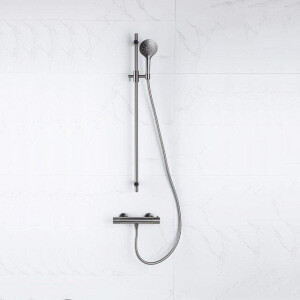 Fortifura Calvi douchekraan met glijstangset met ronde handdouche, metalen doucheslang Geborsteld Gunmetal PVD SW767491/SW799451/SW706207/SW767285