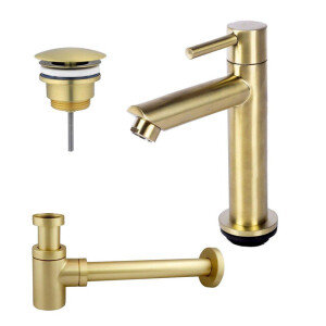 Fortifura Calvi fonteinkraanset met staande fonteinkraan laag, always open plug en design sifon Geborsteld Messing PVD (Goud) SW696238 / SW696208 / SW696218