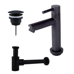 Fortifura Calvi fonteinkraanset met staande fonteinkraan laag, always open plug en design sifon Mat Zwart SW696235 / SW696205 / SW696215