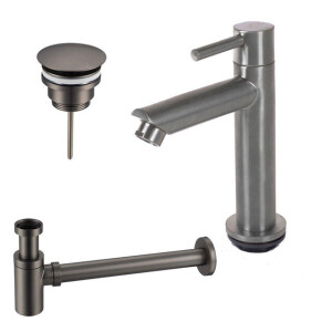 Fortifura Calvi fonteinkraanset met staande fonteinkraan laag, always open plug en design sifon PVD Geborsteld Geborsteld Gunmetal PVD SW696239 / SW769487 / SW767295