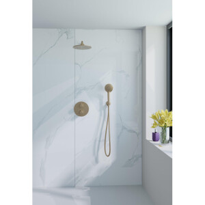 Fortifura Calvi Inbouw Regendoucheset - rond - thermostatisch - wandarm - 25cm hoofddouche - ronde handdouche - gladde slang - Geborsteld Messing PVD (Goud) SW728176/SW720555/SW720562/SW720569/SW721169/SW799