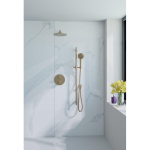 Fortifura Calvi Inbouw Regendoucheset - rond - thermostatisch - wandarm - glijstang - 25cm hoofddouche - ronde handdouche - Geborsteld Messing PVD (Goud) SW706206/SW720555/SW720562/SW1183046/SW721169/SW76