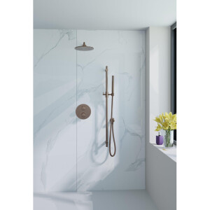 Fortifura Calvi Inbouw Regendoucheset - rond - thermostatisch - wandarm - glijstang - 25cm hoofddouche - staaf handdouche - gladde slang - Geborsteld koper PVD (Koper) SW799407/SW970041/SW970043/SW1183048/SW970046/SW97