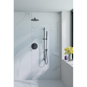 Fortifura Calvi Inbouw Regendoucheset - rond - thermostatisch - wandarm - glijstang - 25cm hoofddouche - staaf handdouche - gladde doucheslang - mat zwart SW496811/SW1183044/SW706210/SW720553/SW720560/SW72